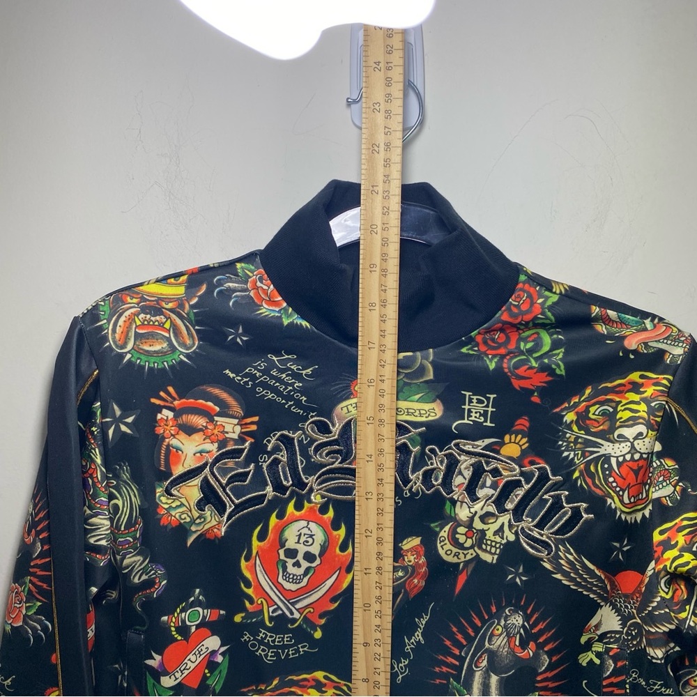 ED HARDY Y2K Shrunken Flashboard Track Jacket‎ M Black  Multi All Over Tattoo - Picture 9 of 11